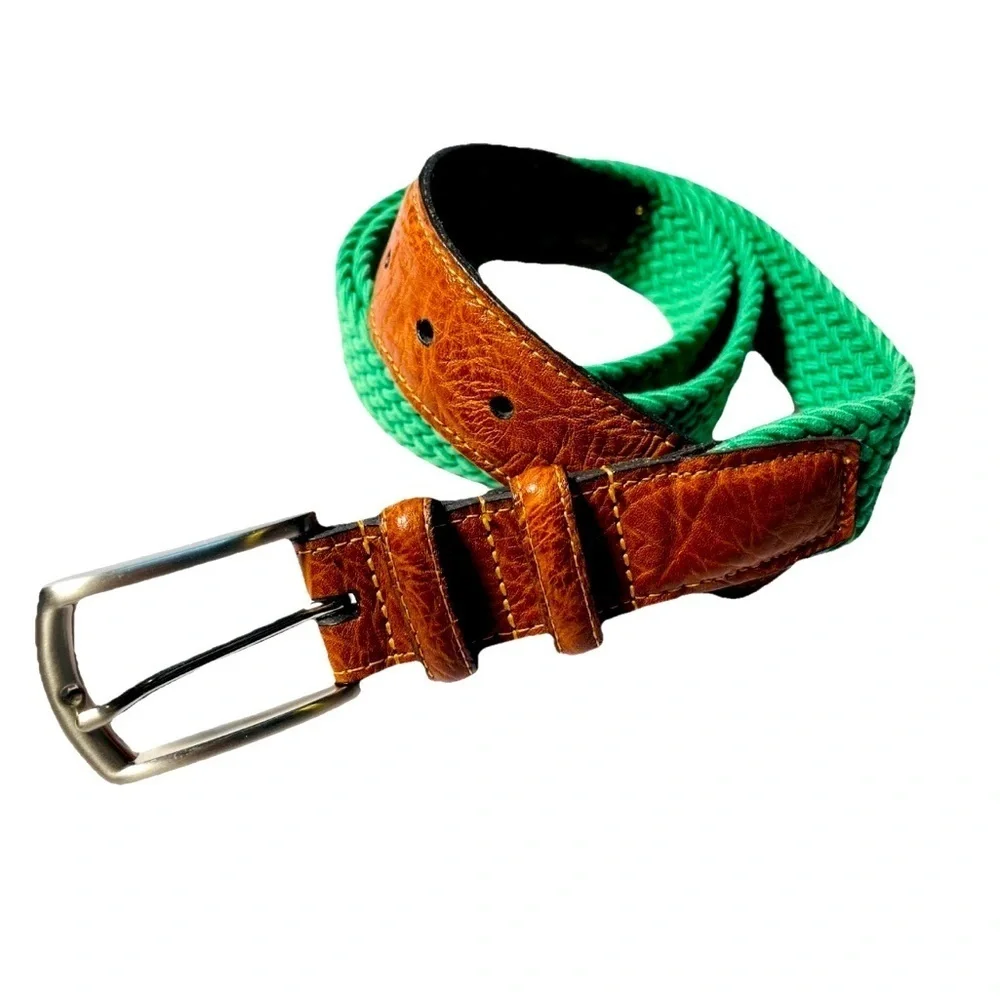 Torino Men's Green Knit Woven Stretch Belt Sz 38 69503 USA Italian Leather GOLF